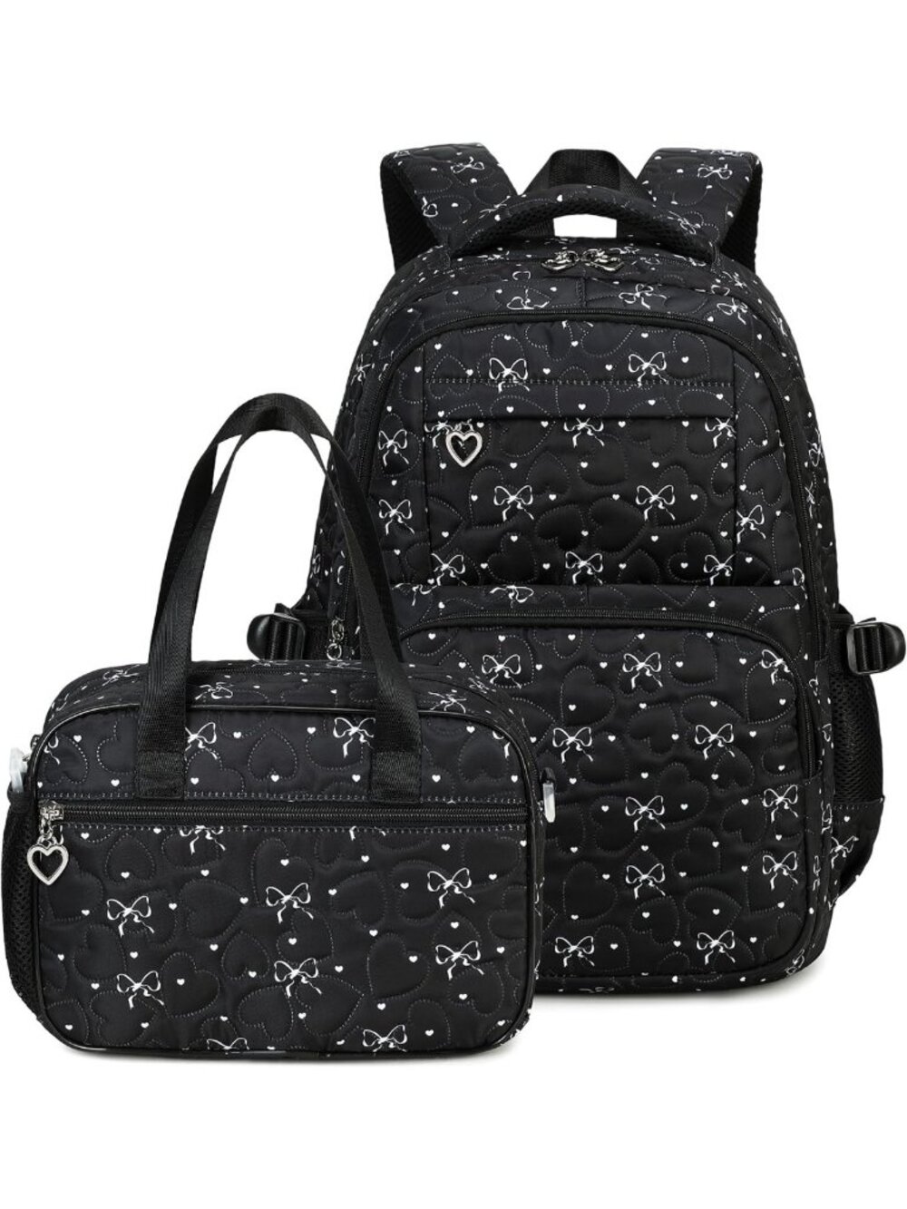 Spacious Lightweight Girls Backpack Set with Bows & Hearts - Waterproof